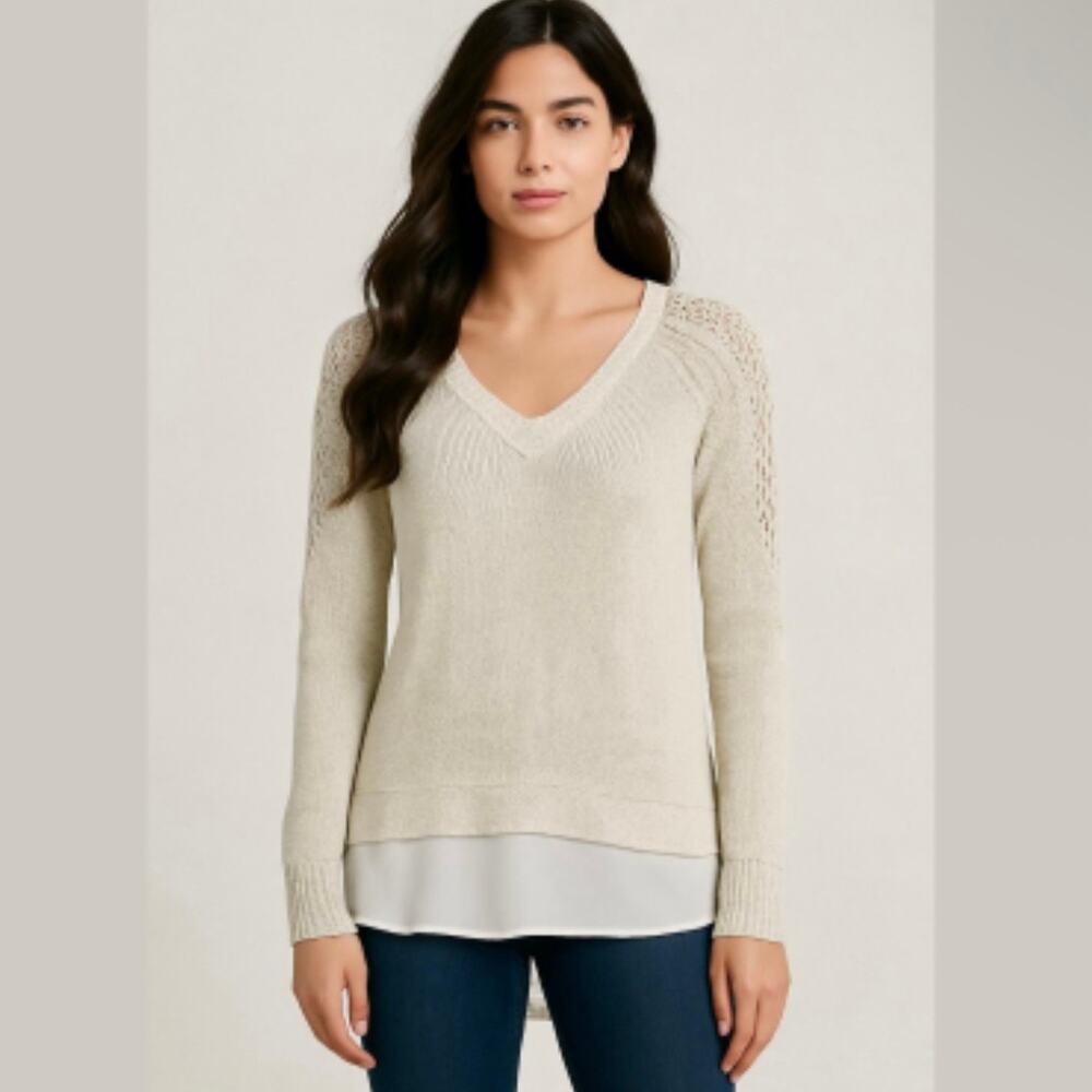LUCKY BRAND Cream Gold Metallic Layered Crochet Sleeve V-neck Sweater Medium